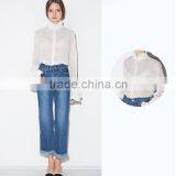 Lady's Long Sleeve Stand Collar Transparent Chiffon Blouse thumbnail-2