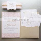 2015 New Design Fold Pocket With Lace Ribbon With Printing Pattern Wedding Invitation Card