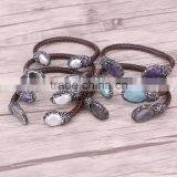 Natural Freshwater Pearl / Tiger Eye / Amethyst / Labradorite Stone Bangle Bracelet, Leather Cord DruzyJewelry Cuff Bangle thumbnail-1