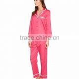Contrast Piping Long Sleeves Pyjamas Set Notched Collar Left Chest Pocket Pink Silk Satin Sleepwear thumbnail-2