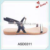 Wholesale Asian Style Low Heel Ladies Ankle Strap Sandals With Golden Metal Decoration thumbnail-1