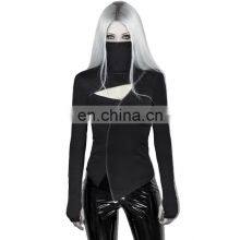 Wholesale Custom Dark Punk Style Irregular Zipper Chest Hollow Long-sleeved Shirt High Collar Sexy Thin Irregular T-shirt thumbnail-2