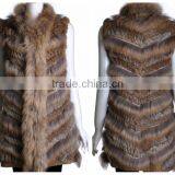 YR646 Stylish Real Rabbit Knit and Raccoon Fur Waistcoat Euro Long Fur Gilet