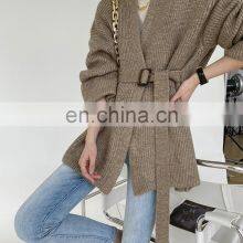 Женская модная овальное длинное кардиган из кашемира и шерсти с рибкой и поясом thumbnail-3