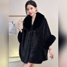 High-end Solid Color Large Fur Collar Shawl Coat Plush Thickened Warm Medium Length Large Size Loose Cape Cardigan thumbnail-3