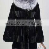 Rex14063 100% Real Black Rex Rabbit Fur Coat With Fox Fur Hood thumbnail-1