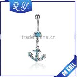 Stainless steel body piercing jewelry blue and white crystal navel belly button ring anchor shape navel jewelry china wholesale