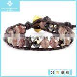 European Stone Strawberry Quartz Mix Single Wrap Bead Bracelets on Natural Dark Brown Leather thumbnail-1