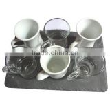 rough edge natural black slate coaster with glass tumbler and porcelain cup