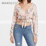 Maxnegio Flower Print V Neck Woman Blouse Ladies Crop Top