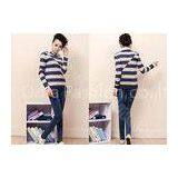 Popular Cotton Ladies Fine Knit Sweaters , Long Sleeve Pullover with Two-tone Irregular Stripes