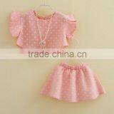 Girls Summer Outfits 2016 Girl Polka Dot Fabric Flutter Sleeve Shirt Top and Skirt thumbnail-2