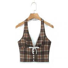 Summer New Style Fashionable and Sexy French-style Sweet Retro Checkered Neckless Backless Top thumbnail-4