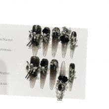High-End Press-On Almond Nails Heavy Diamond Decoration Dark Bow Black Red Color Matching for Finger thumbnail-4