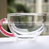 Heat-resistant double wall 180ml/6.3oz glass tea cup set with pink crystals in the handle