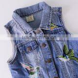 S60591B 2017 Girls Vest Turn Collar Children Clothes Bird Embroidery Waistcoats Sleeveless Kids Jeans Jackets thumbnail-4