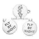 Zinc Based Alloy Halloween Charms Bat Animal Antique Silver Message " Fly By Night " Carved 23mm x 20mm thumbnail-3