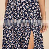 Navy Blue Floral Print Long Maxi Skirt 2017 thumbnail-2