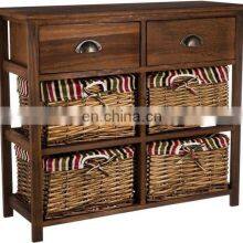 Sideboard Cupboard 4 Drawers 2 Shelves 3 Baskets Wicker Wood Fabric Brown Country Style Kitchen Bedroom thumbnail-1