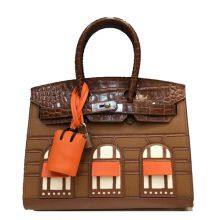 Europe And The United States New Small House Leather Platinum Bag Ladies First Layer Cowhide Handbag Crocodile Pattern Contrast Color Casual Bag thumbnail-2