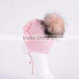 Baby Cotton Knit Hats With Fur Pompom Baby Hats With Chiffon Flowers KZ160094 thumbnail-4