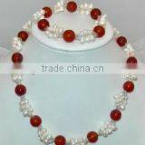 Wholesale 2 Rows 18" 5-6mm White Rice Pearls & 12mm Red Agate Necklace & Bracelet thumbnail-1