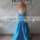 Orange hair blue dress lady cartoon mascot costume