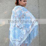 Metallic Lace Shawl, Long Fringe Scarf, Floral Scarf, Summer Shawl, Silver Shawl, Shawl With Roses thumbnail-6