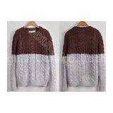 Full Chunky Mens Cable Knit Sweaters in Crew Neck with Coffe Grey Stripes , Two Tone