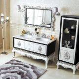 Black And White Finish Double Rustic Bathroom Vanity With Genuine Marble Counter-top And Side Cabinet No.316