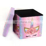 RTS Faux Linen Cartoon Printing Polyester Folding Stool for Kids Storage Ottoman Easy Carry Chair in Living Room Pink Unicorn thumbnail-3