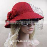 Wholesale Red 100% Wool Felt Hat With Veiling For Ladies thumbnail-2