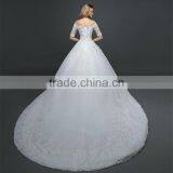 MGOO Off Shoulder Short Sleeve Shinny Beaded Lace Hem A-line Floor Length Wedding Dress Crisscross Back thumbnail-2