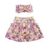 Summer Blue Flower Printed Dress Buttons Design Kids Clothes With Headband thumbnail-2