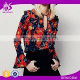 Guangzhou Shandao Supplier OEM Custom Design Women Spring Casual Long Flare Sleeve Flower Printed Chiffon Blouse 2016 thumbnail-1