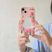 Pink Tulip Mirror Silicone Case IPhone 15 14 13 Pro Max Shockproof Case Back Cover thumbnail-5
