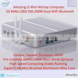 Pre-installed 2G RAM 128GB SSD WIFI 300M Bluetooth 4.0 Win 8 XBMC Mini Fanless PC Intel i5 Core DC 12V Gaming PC 4K HD HTPC