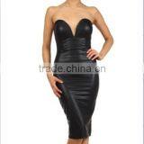 2014 sexy black PU leather strapless midi dress without lining