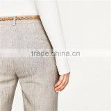 Elegant Fancy Roll-up Hem Linen Grey Dress Pants With Braided Belt thumbnail-3