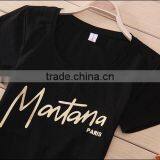 Gold Printing Deep Round Neck Black T-shirt Women thumbnail-2