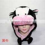 Black Cow Plush Warm Hat Earmuff With Ear Poms Cartoon Animal Cap