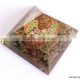 Big Orgone Energy Blue Aventurine Pyramid With Flower Of Life Symbol And Crystal Point | Flower Of Life Pyramid thumbnail-3