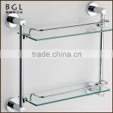 Multi-functional Grooming Zinc Alloy Chrome Plated Bathroom Accessories Wall Mounted Double Glass Shelf