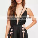 Black Satin Embroidered Teddy Split Hem Women Nightwear Sexy Strap Pyjama Set Halter Back Sleepwear thumbnail-2
