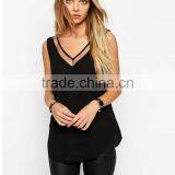 European and American Style Solid Color V-neck Blouses Stitching Gauze Halter T-shirt Tank Top Women thumbnail-1