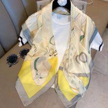 Pink Silk Oil Painting Satin Feels Soft Flowers Scarves Foreign Style High Quality 90*90CM thumbnail-2