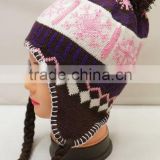 Winter Knitted Earflap Hat with Ball Top Snowflake Pattern