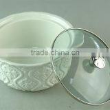 Cream Ceramic Enbossing Soup Tureen With Glass Cover/lid in Stocklot for Home Use thumbnail-2