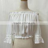 Short Sleeve Plain Textured Woven Women off Shoulder Blouse thumbnail-5