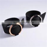 Wide Black Punk Leather Bangle Bracelet With Adjustable Gold/Silver Loop Circle for Lady thumbnail-2